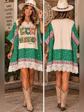 Upcycled Lace-Hem Tunic Top with 'Lucky Blessed' Graphic